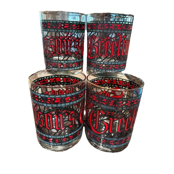 Other - Vintage Houze Art Season’s Greetings Glasses Set of 4 12oz Double Old Fashion St